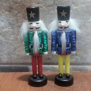Vintage Pair Wooden Nutcracker Soldier Sequined Figurine Christmas Decor